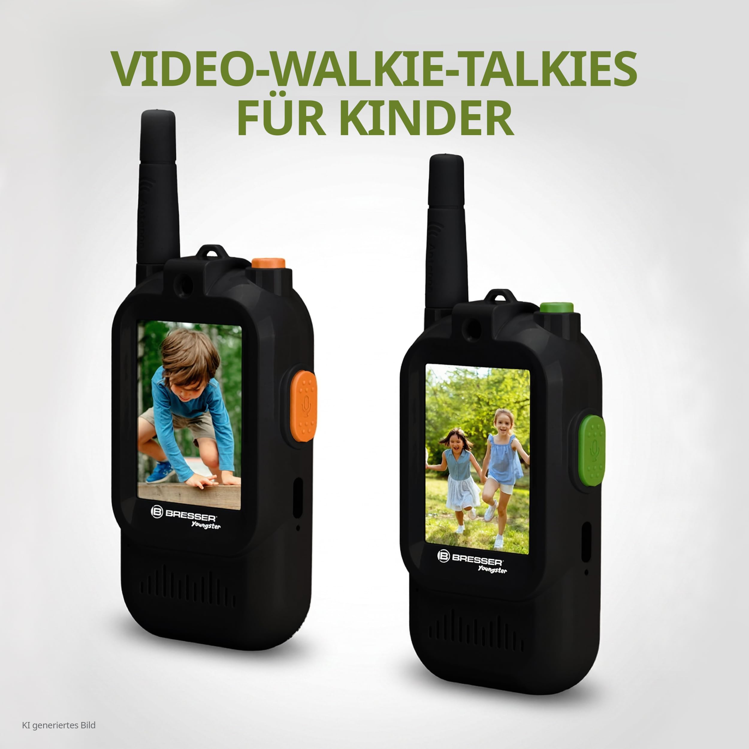 Bresser Youngster Video Walkie Talkie per bambini con display da 2 pollici, batteria ricaricabile, cambia voce, cavo di ricarica USB C