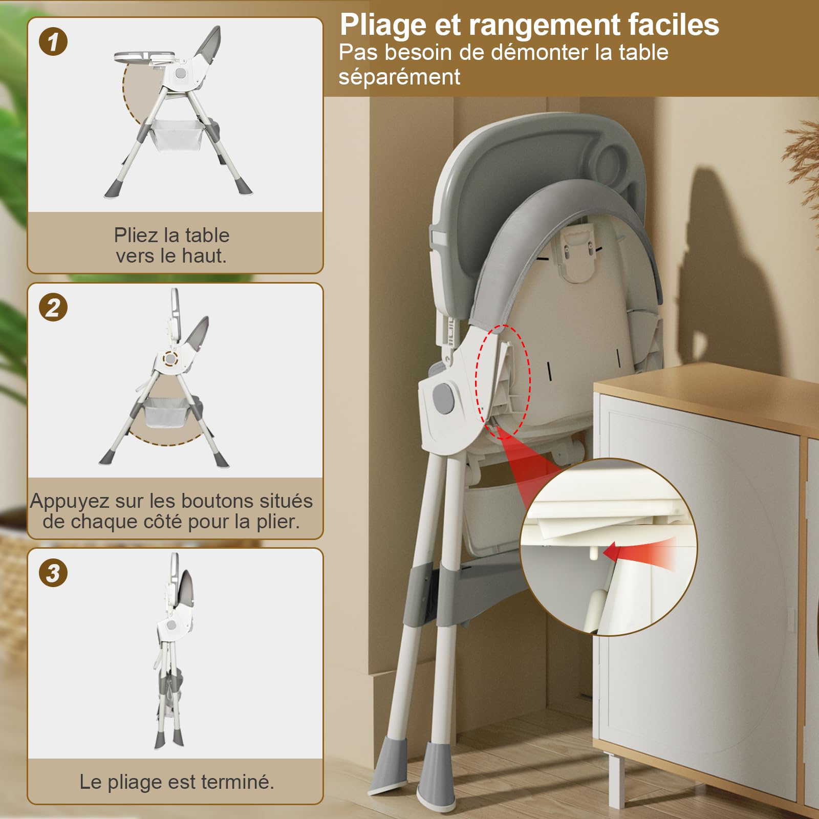 Chaise Haute Bébé Evolutive Pliable Chaise Haute 4 en 1, Double Plateau Détachable avec 4 Angles d'Inclinaison, 6 mois à 3 ans, Jusqu'à 15kg