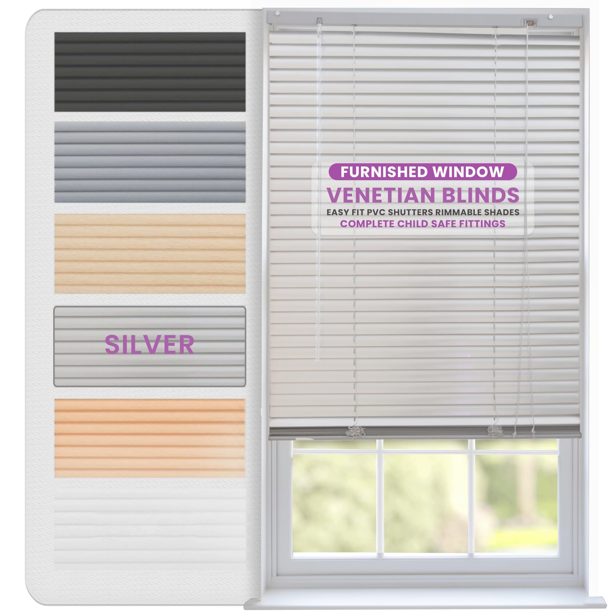 FURNISHED Venetian Blinds Window Venetian Blind Easy Fit PVC Shutters Trimmable Shades for Home Kitchen Windows Treatment Shutters 25mm Slats Complete Child Safe Fittings - Silver 45W x 150L cm