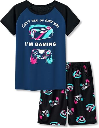 Tebbis Boys Soft Trendy Print 2-Piece Short Sleeve Pajama Set Sizes 6-18 | Lightweight Breathable Fabric, Comfy Sleepwear, Trendy Print Jammies for Little & Big Boys, Ideal for Lounging and Sleeping