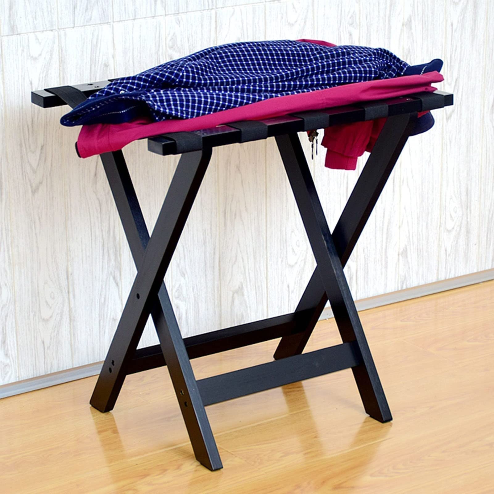 Paquete De 2 Portaequipajes Plegables para Habitaciones De Invitados, Porta Maletas con Ruedas De Carga Pesada De 50Kg, Soporte Maletas De Madera De Fácil Montaje (Color : Black)