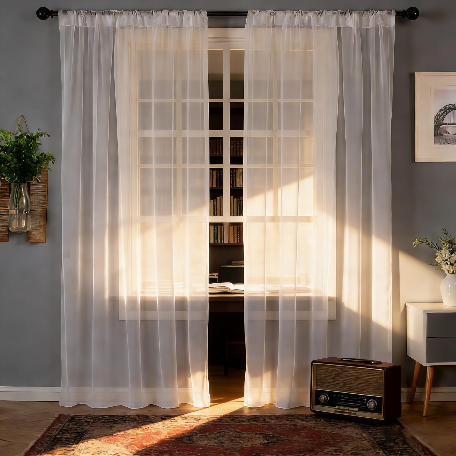 Sheer Voile Vorhang 220 x 230 cm mit Kräuselband, Halbtransparent, Lichtdurchlässig, mit Ösen in Leinenoptik, Luftig Und Langlebig, Wohnzimmer Fensterschal, Voile Ösenschal für Jedes Fenster, Weiß