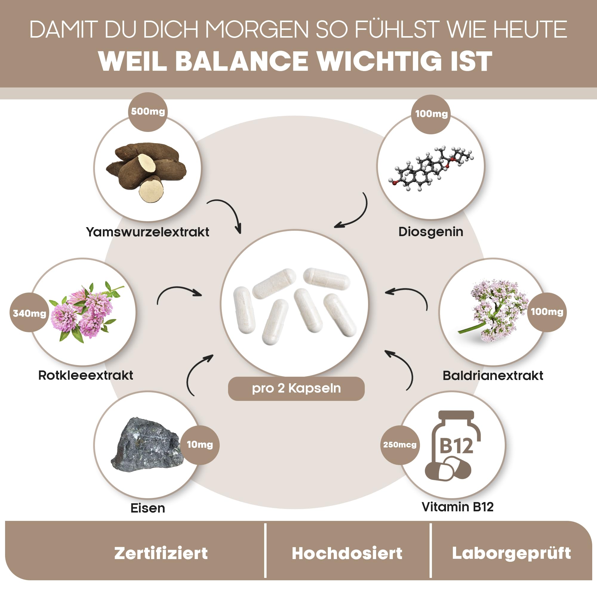 Wechseljahre Kapseln für Frauen ab 50 | Meno Balance+ | Komplex mit Yamswurzel, Rotklee & Baldrian | Eisen, Folsäure & B-Vitamine | Hitzewallungen, Schlaf & Stimmung | 180 vegane Kapseln, laborgeprüft