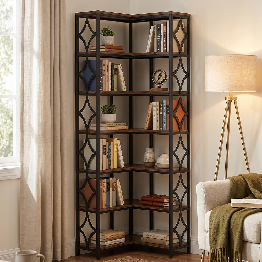 7 Ebenen Eck-Bücherregal Vintage, L-förmiges Regal, 200 cm Hoch, Industrielles Eckregal Stehend, Regal Holz Metall, Standregal für Wohnzimmer, Büro, küche, Schlafzimmer (Braun)