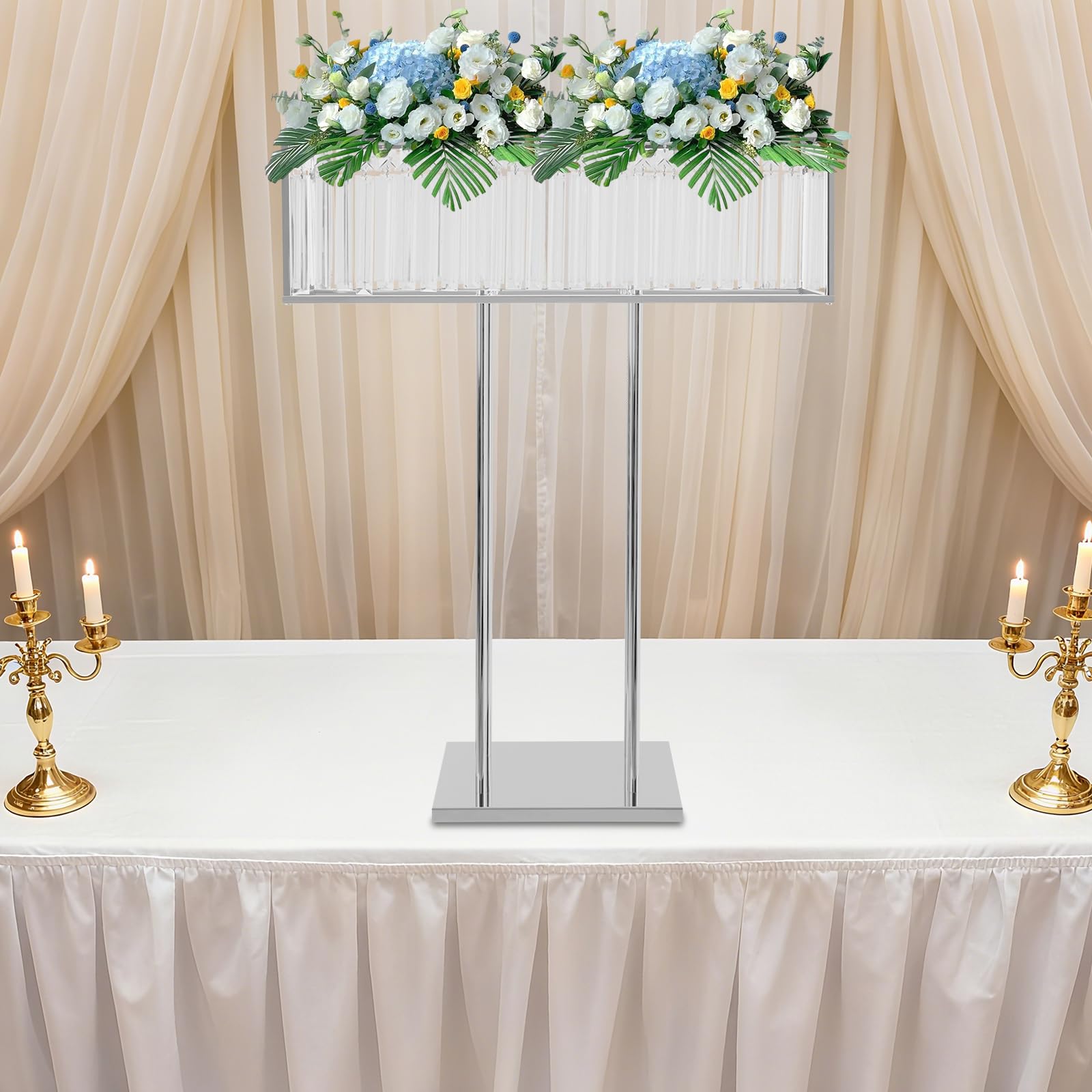 Support à fleurs 70 cm - Fer et cristal - Pour anniversaire, fête et hall d'hôtel | Décoration de mariage - Charge maximale de 5 kg - Argent - Centre de table élégant ou marque-page autoportant