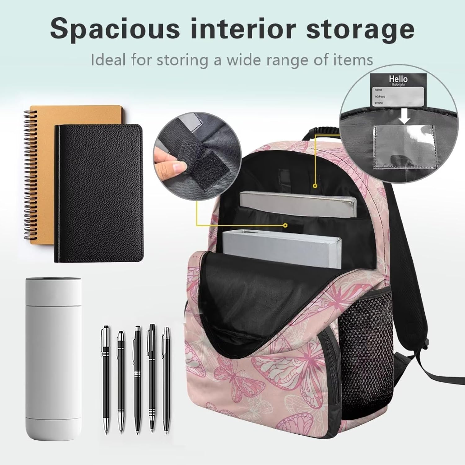 Butterfly Textured Pink Print Lightweight College Backpack for Teens - 17.3 Inch Laptop Bag with Adjustable Shoulder Strap, Book Pencil Organizer & Side Water Bottle Pockets for School