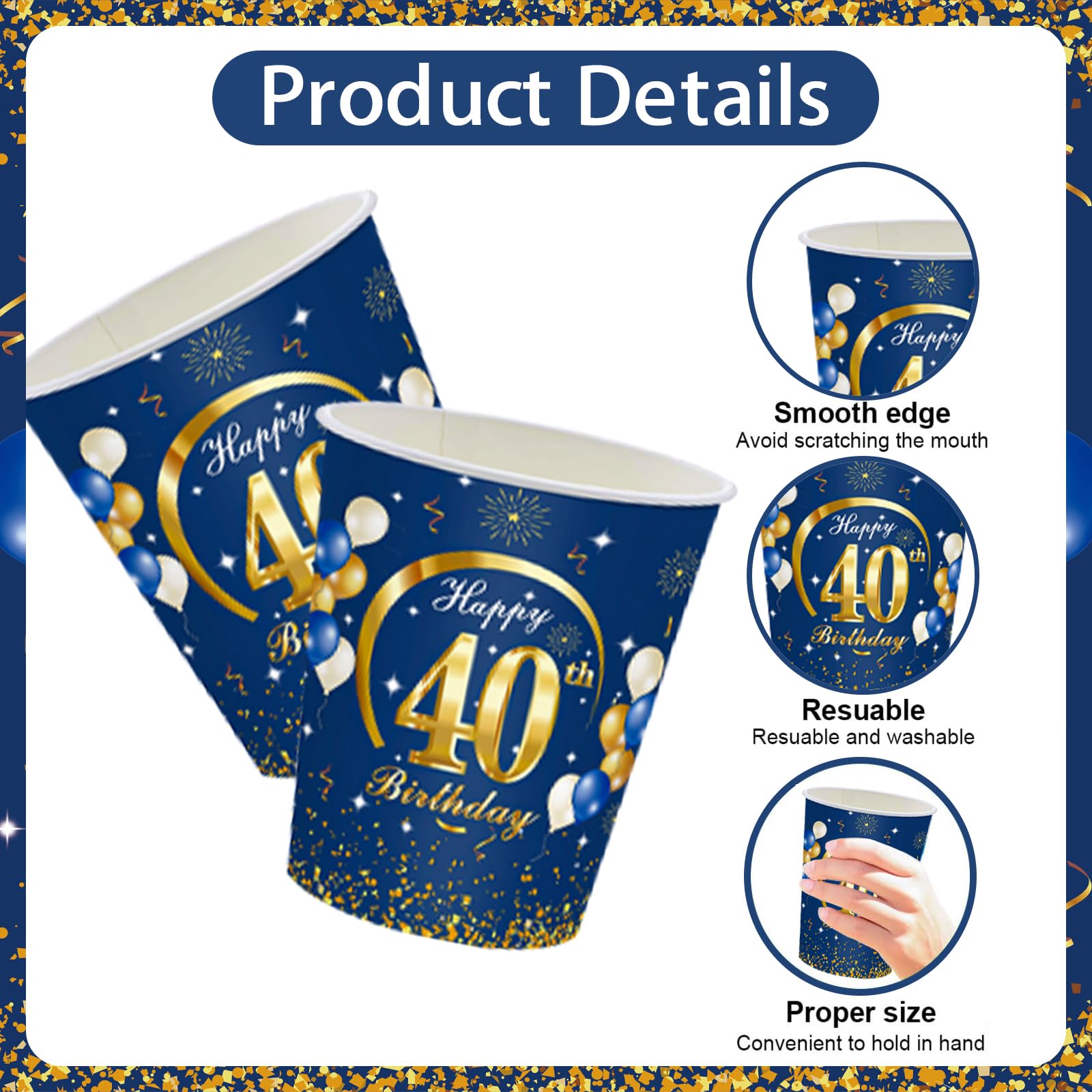 16 Pezzi Bicchieri di Carta per 40° Compleanno Blu Oro, 40 Anni Bicchieri per Feste,9oz/250ml Tazze Ecologici Carta di Usa e Getta,Decorazioni Festa Compleanno -16 Ospiti