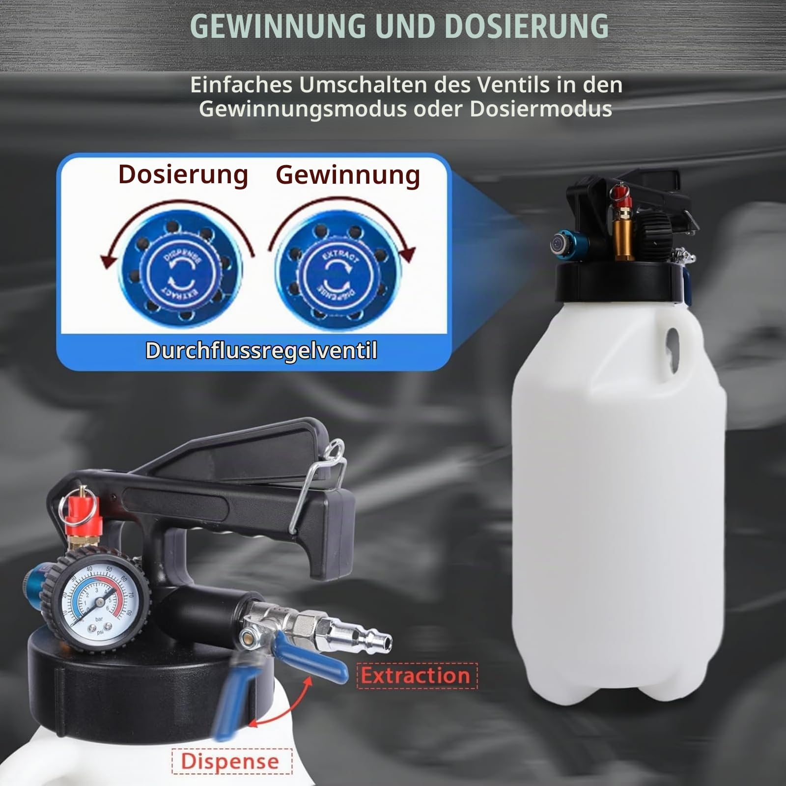 Druckluft Getriebeöl Einfüllgerät 8L mit 26 ATF Adaptern | Bidirektional absaugen & befüllen, mit Manometer & Sicherheitsventil, kompatibel mit BMW/Benz/VW/Audi, Aluminium & Nylon