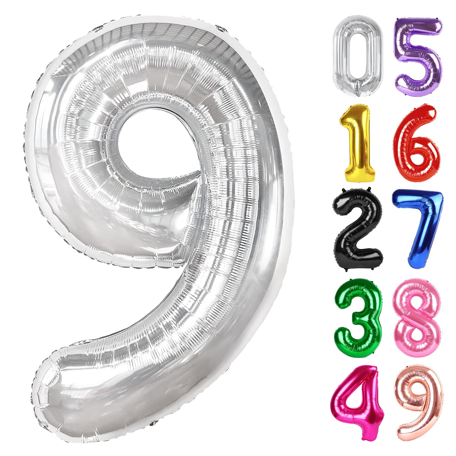 Silver Number 9 Balloon 40 Inch, 9th Birthday Party Decorations for Children, Giant 9 Foil Balloon for Party Supplies