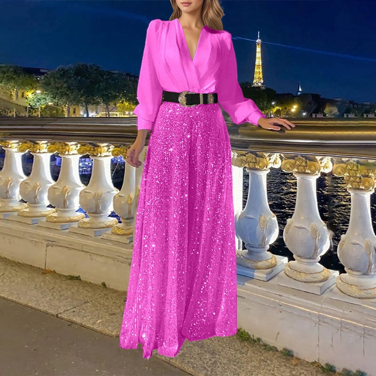 Genérico Monos De Vestir Mujer - Elegante Mono Cuello en V Mangas Largas Estilo Cintura Pierna Ancha Lentejuelas Ideal Nocturnas Casual