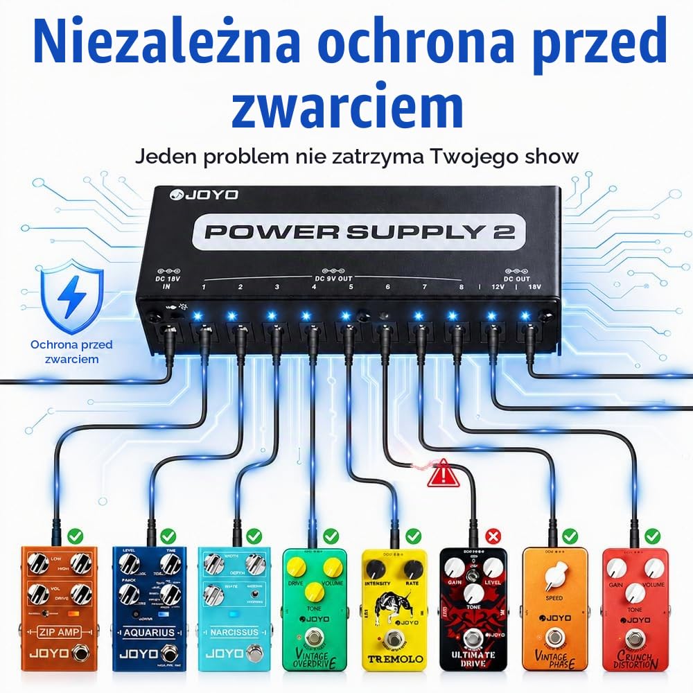 JOYO Zasilacz do pedału gitarowego, zasilacz do pedalboardów z adapterem sieciowym DC 18 V i 9 V 100 mA 500 mA izolowany DC 10 wyjść do 9 V 12 V 18 V (JP-02)