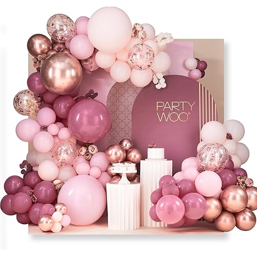 PartyWoo Dusty Rose Balloon Arch Kit, 140 pcs Pink Balloon Garland Kit, Rose Gold Balloons, Metallic Balloons for Dusty Pink Birthday Decorations Women, Bridal Shower, Wedding, Bachelorette Party
