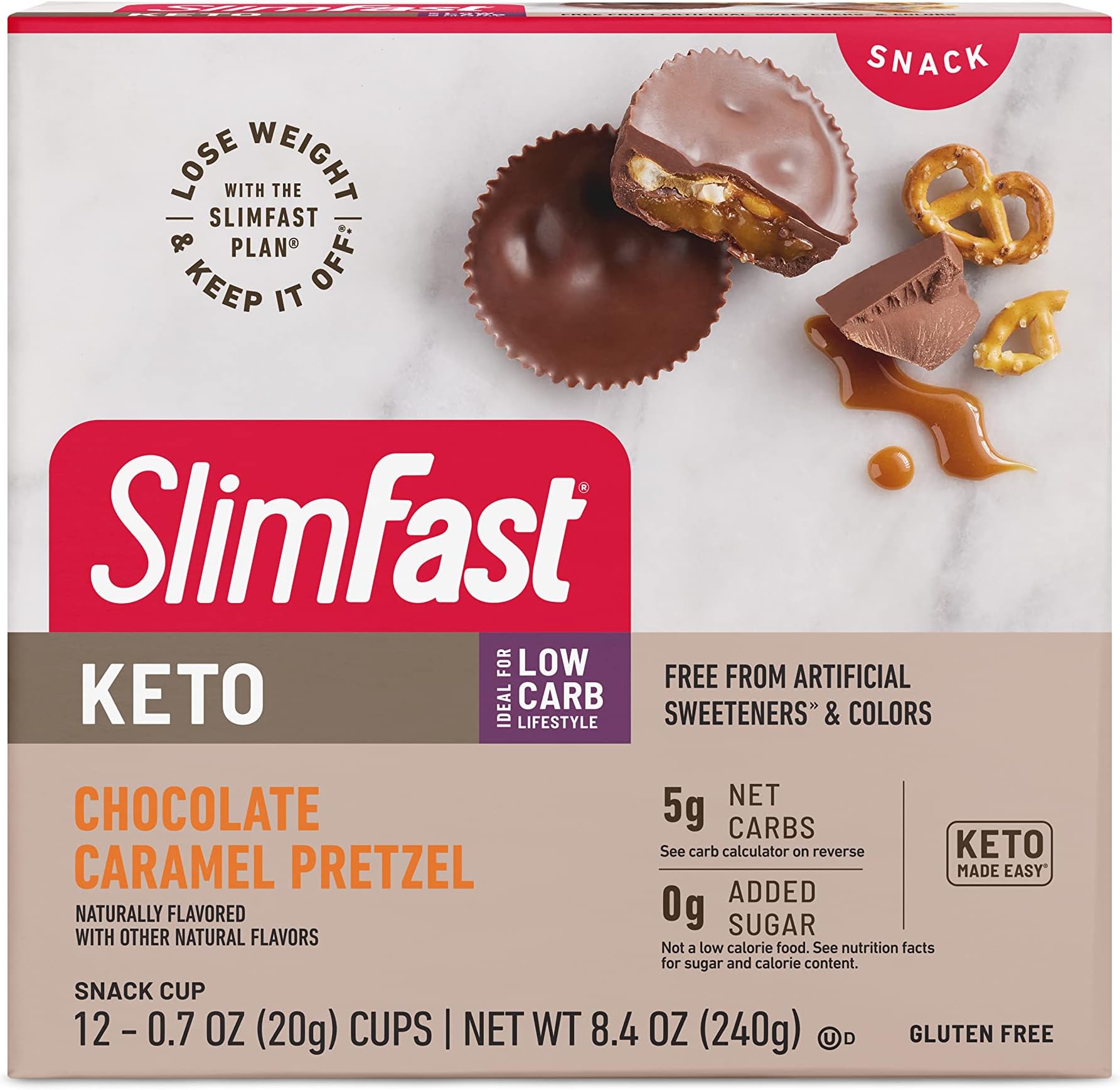 SlimFast Low Carb Chocolate Snacks, Keto Friendly for Weight Loss with 0g Added Sugar & 3g Fiber, Chocolate Caramel Pretzel Cup, 12 Count Box (Packaging May Vary)