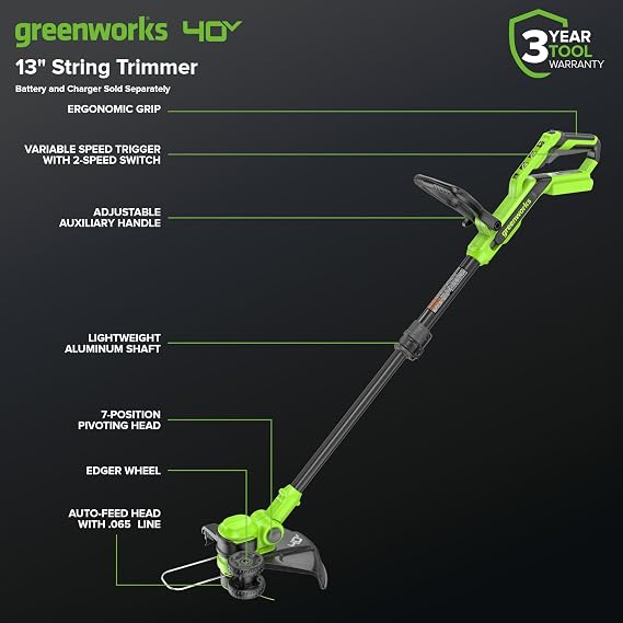 Greenworks 40V 13 2-in-1 Cordless String Trimmer/Edger, Auto Feed Line, Rotating Head, Lightweight Weed Wacker, 20 Plastic Blades + Blade Cover, Battery Sold Separately