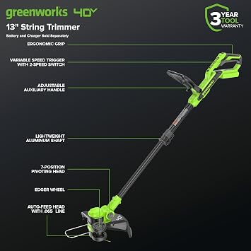 Greenworks 40V 13 2-in-1 Cordless String Trimmer/Edger, Auto Feed Line, Rotating Head, Lightweight Weed Wacker, 20 Plastic Blades + Blade Cover, Battery Sold Separately