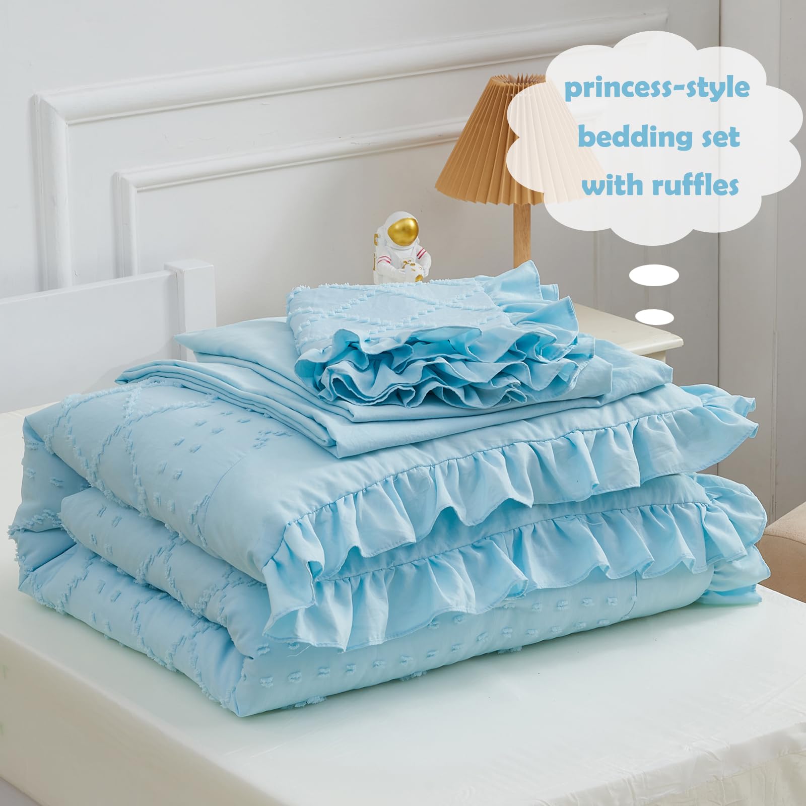 Juego de ropa de cama bohemio de 4 piezas para niñas, juego de sábanas con volantes azules, juego de sábanas de cuna bordado jacquard suave para bebé, incluye edredón, sábana encimera, sábana bajera,