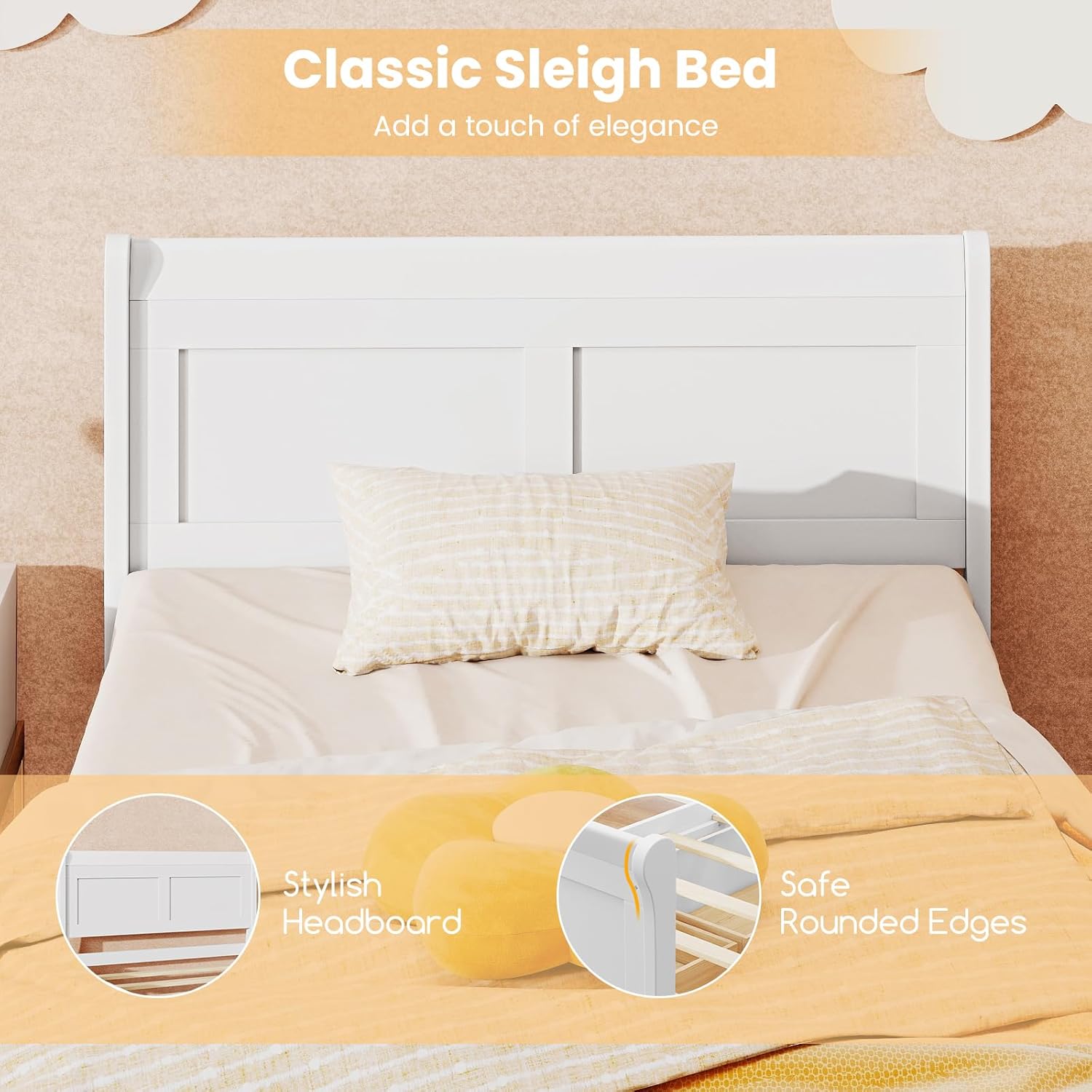 KOMFOTT 2 Twin Bed with 2 Drawers, Twin Storage Bed with Headboard for Bedroom, Sleigh Wood Bed Frame with Wooden Slats Support for Kids, Teens, Adults, No Box Spring Needed (White)