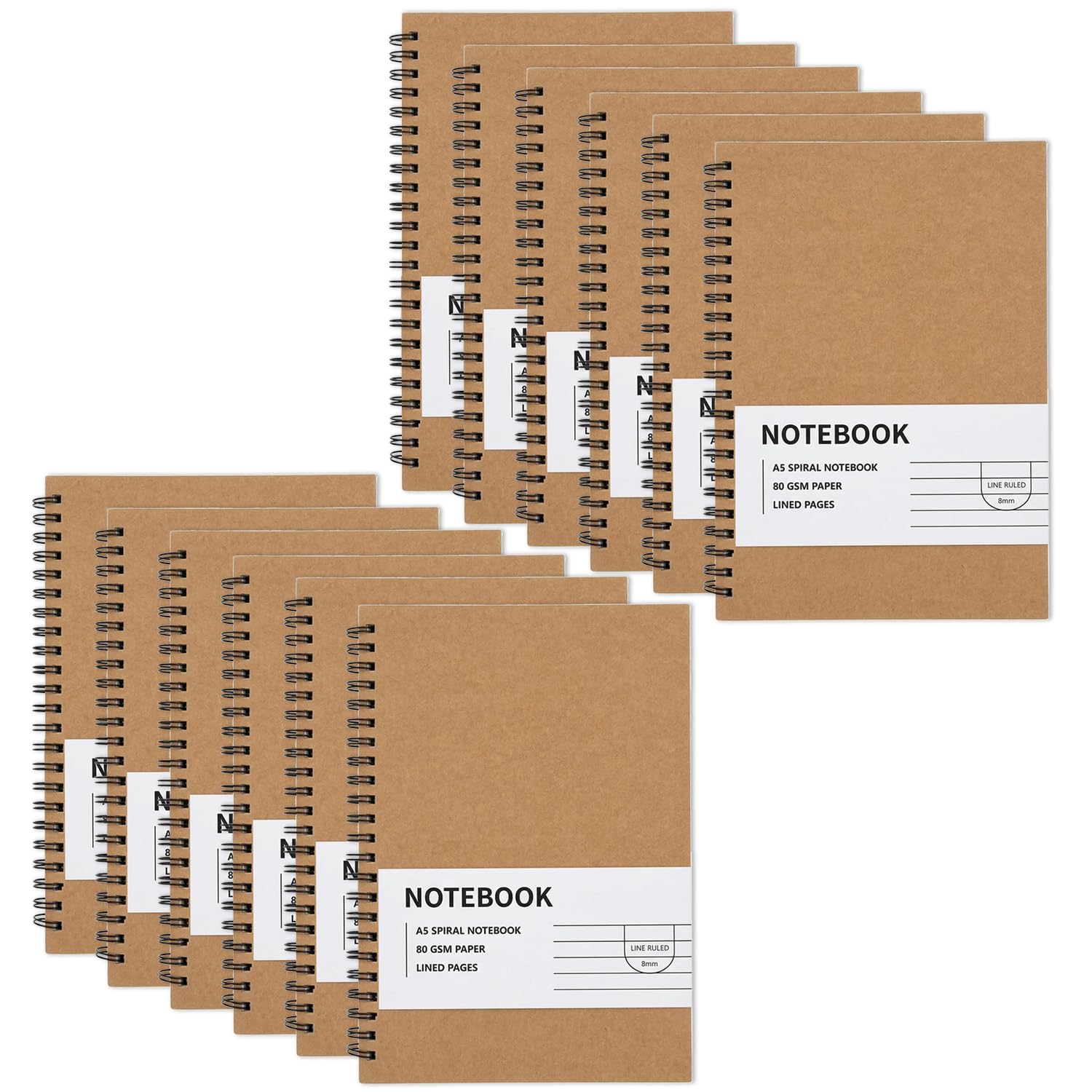 RICHER HOUSE 12 Pack A5 Line Notebook, 120 Pages Kraft Cover Spiral Notebook, Ruled Paper Wirebound Notebooks, 360° Double Wire Binding, Bulk Journal Notepad for School, Study, Office Use, Travel