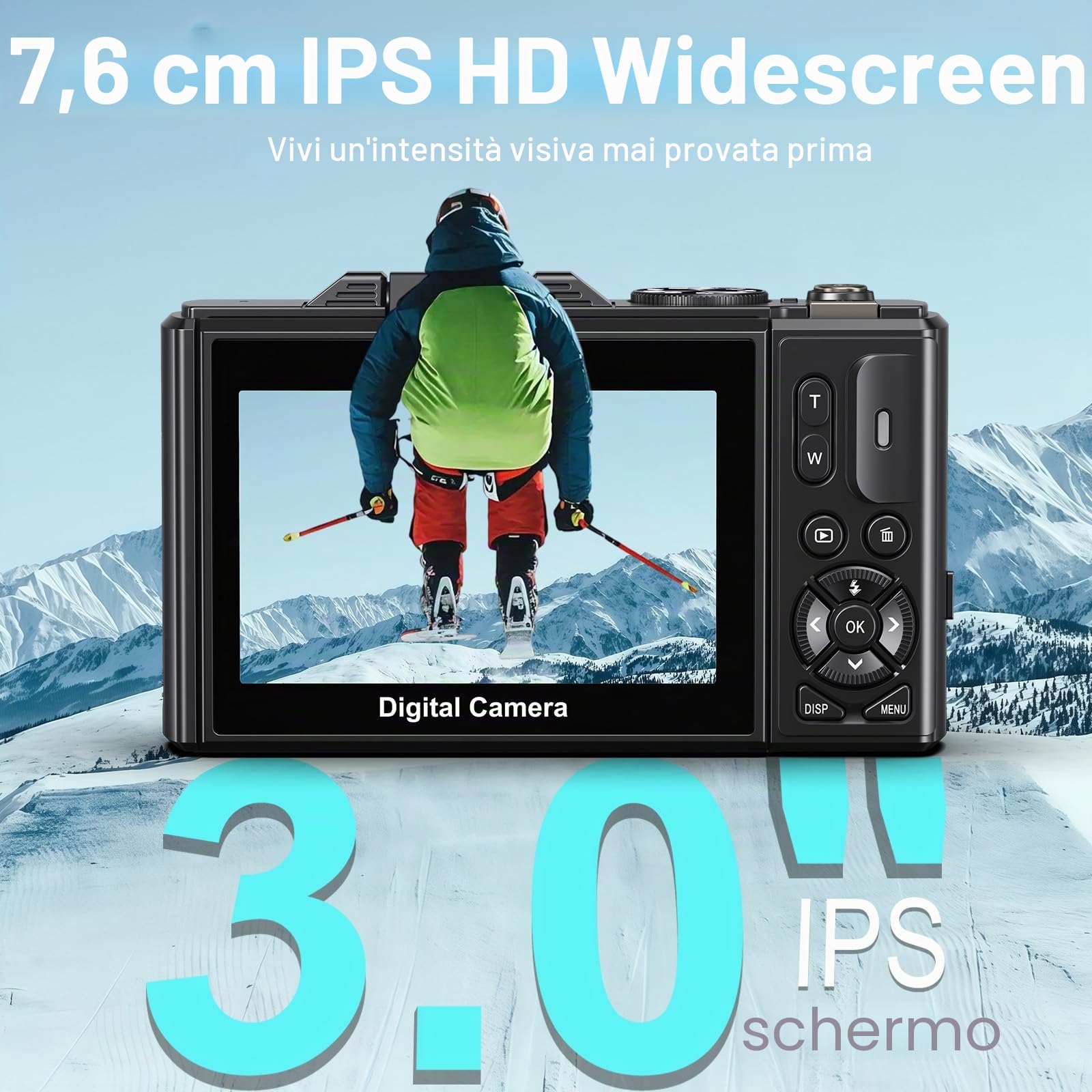 Fotocamera digitale 5K per fotografia, fotocamera da 75 MP WiFi per YouTube, fotocamera digitale UHD 18X Zoom con schermo flip da 3" 180°, flash da viaggio con scheda SD da 32 GB, per principianti e