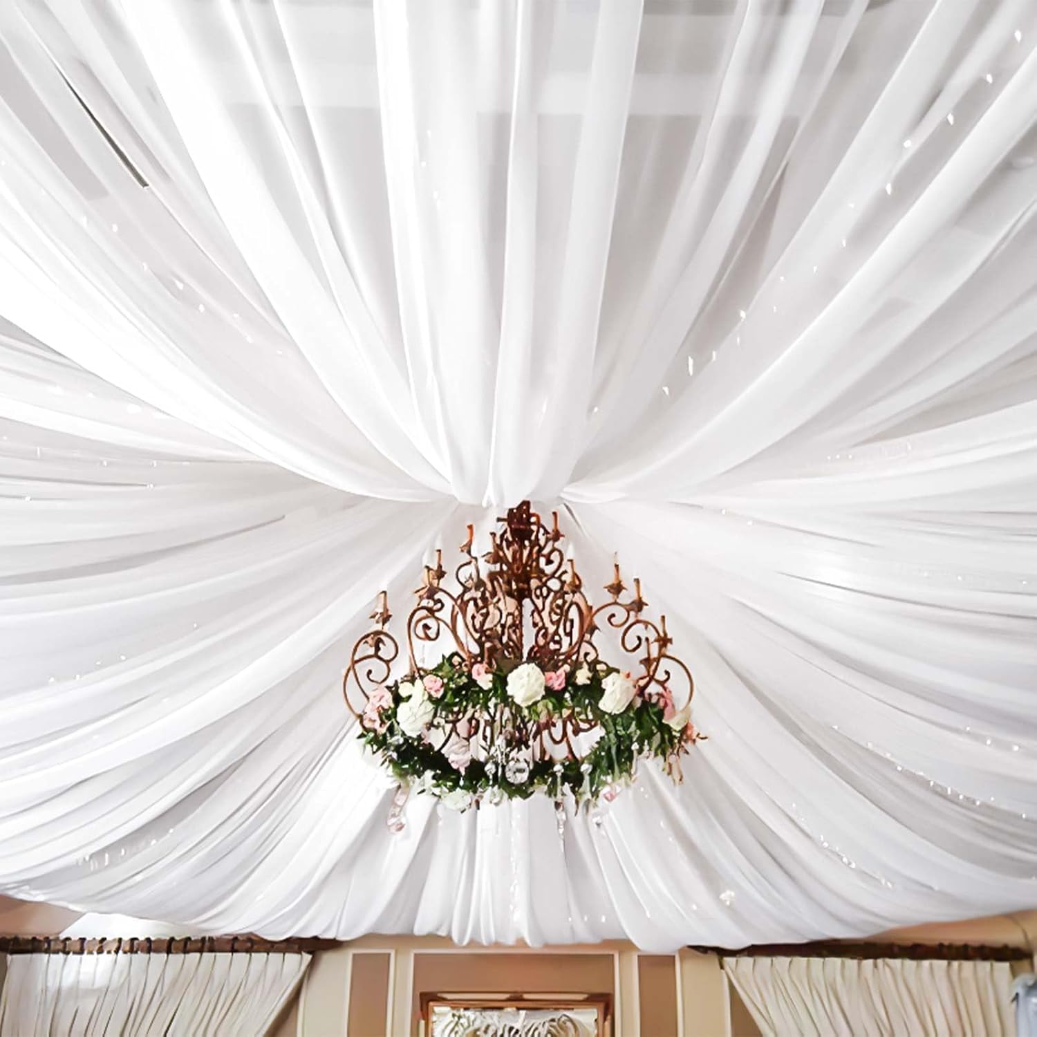 10 Panels White Ceiling Drapes for Wedding 5ftx30ft Sheer Drapery Chiffon Fabric Arch Draping Curtains for Party Ceremony Birthday Baby Shower Reception Stage Ceiling Decorations 60"W x 360"L (Pack of 10) White