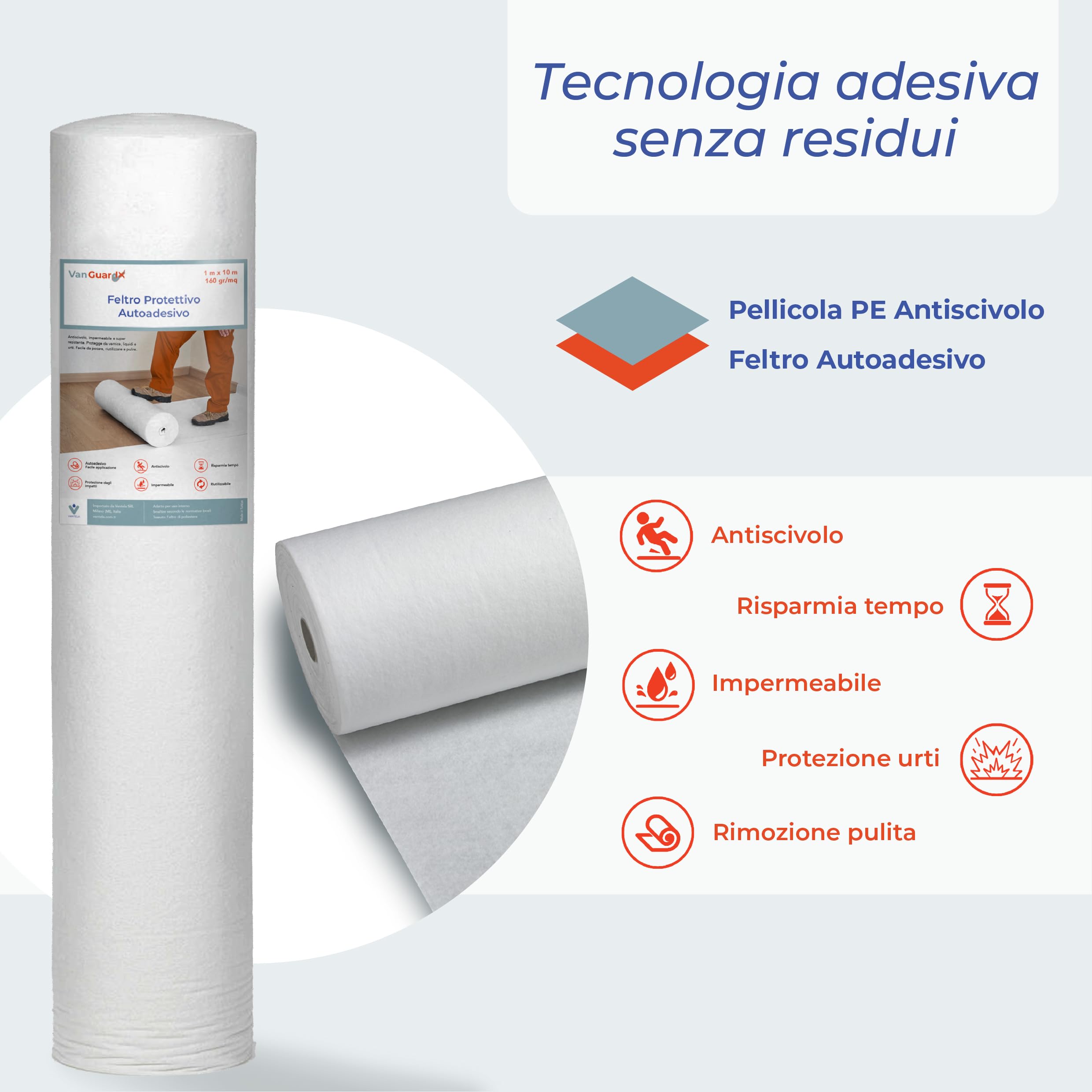 Protection de sol en feutre auto-adhésif | Couverture temporaire pour rénovation et peinture | Antidérapant et imperméable pour parquet, carrelage, grès | 1 m x 25 m (160 gr)