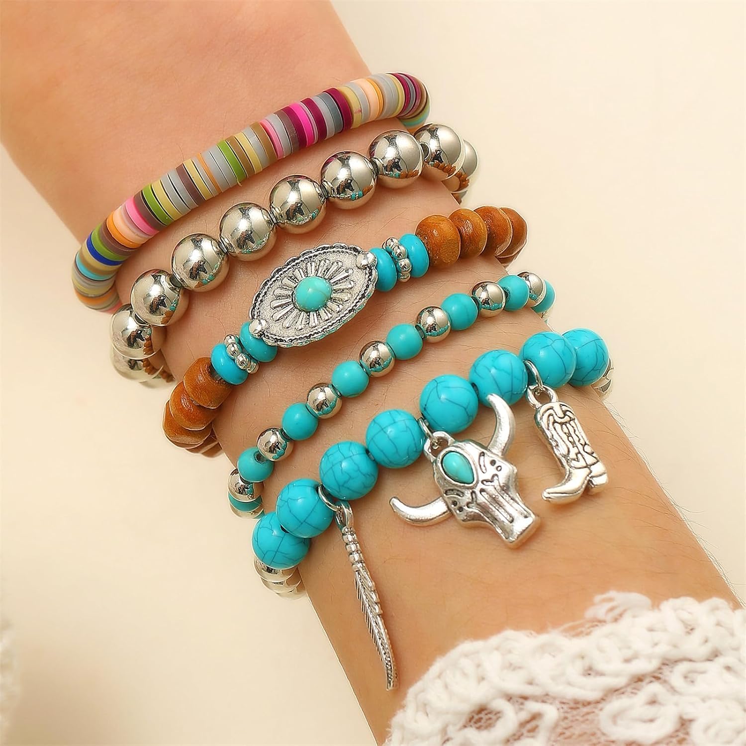 coadipress Western Jewelry Set for Women Bohemian Turquoise Layered Pendant Necklace Vintage Turquoises Dangle Earrings Ox head Stackble Bracelet Country Concert Cowboy Chic Jewelry