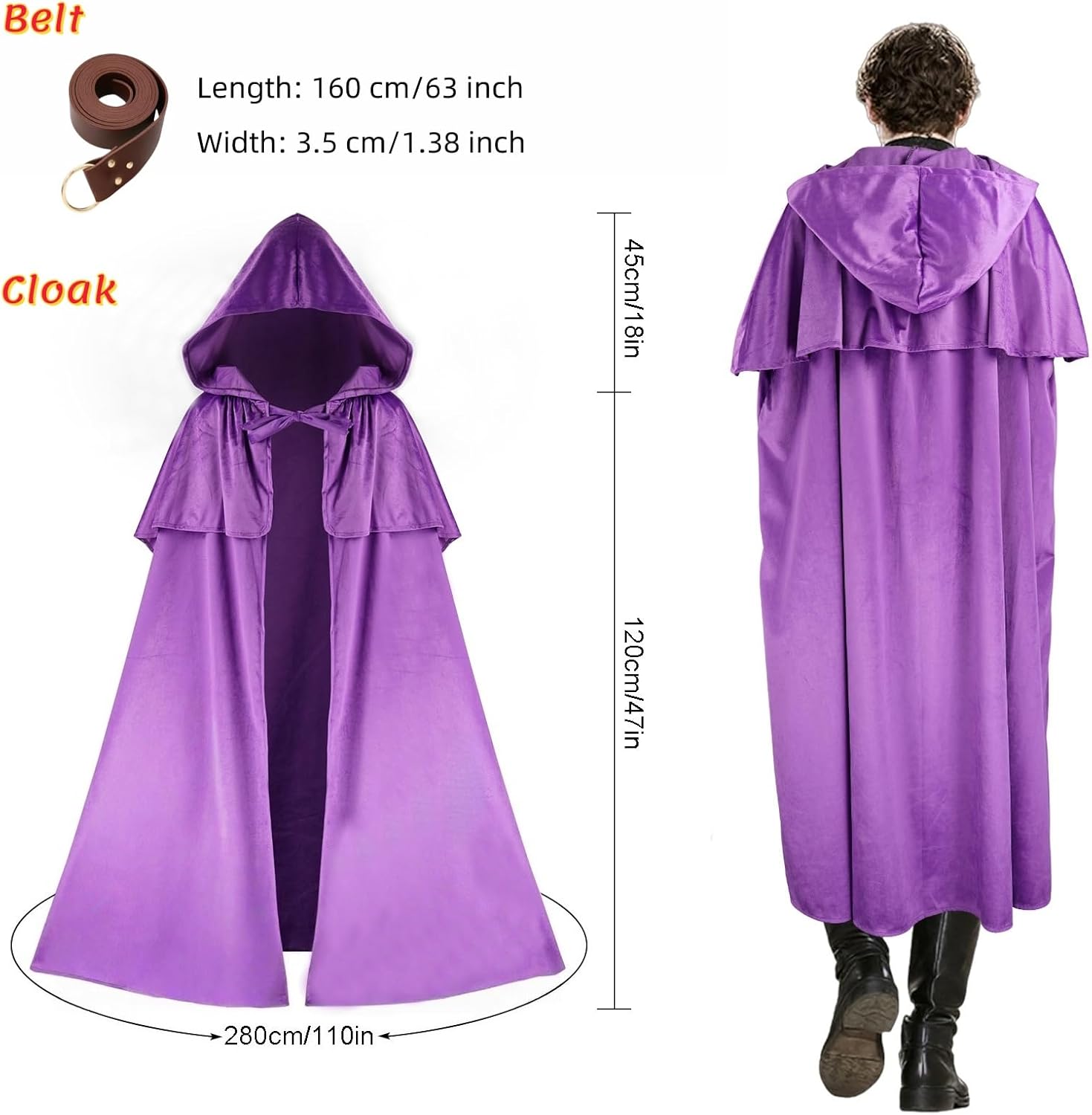 Renaissance Hooded Cape with Vintage Belt Medieval Cloak for Women and Men Hobbit Halloween Costume - Image 3
