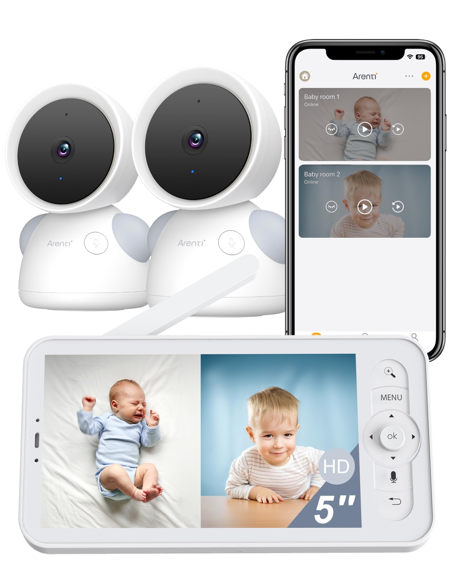 ARENTI Baby Monitor with 2 Cameras, 2K/