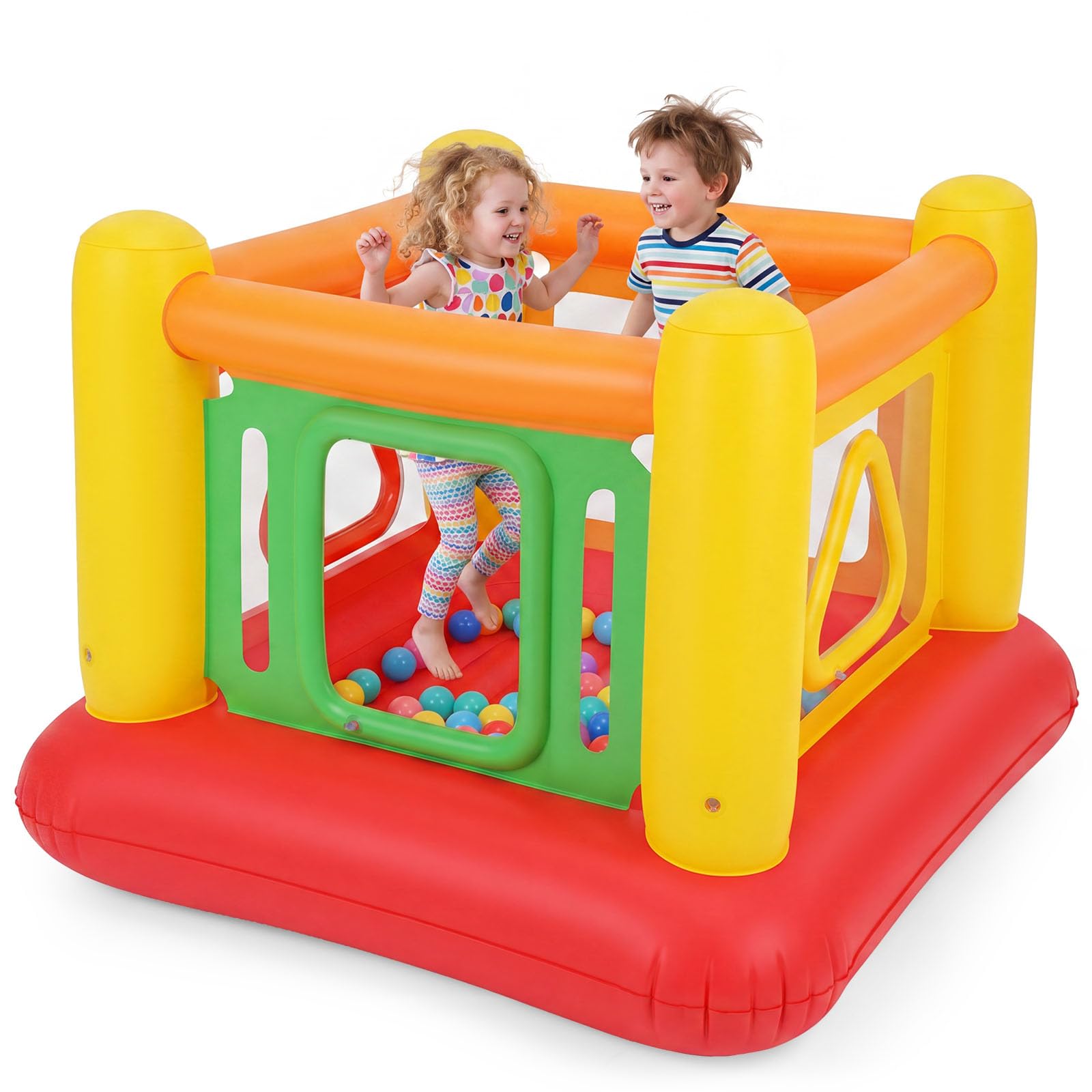 COSTWAY Castillo Hinchable para Niños 3+ Años, Parque Infantil de Salto con Paredes Laterales Transparentes, Aberturas Cuadradas y Triangulares, Castillo Inflable PVC para Interior Exterior (Amarillo)