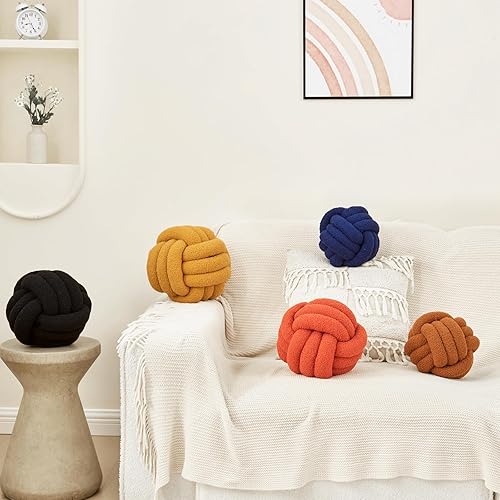 Miniatura 9 de Petrella Almohada redonda de nudo para decoración del hogar, cojín decorativo estético, lana de cordero, arroz, blanco, 8 pulgadas