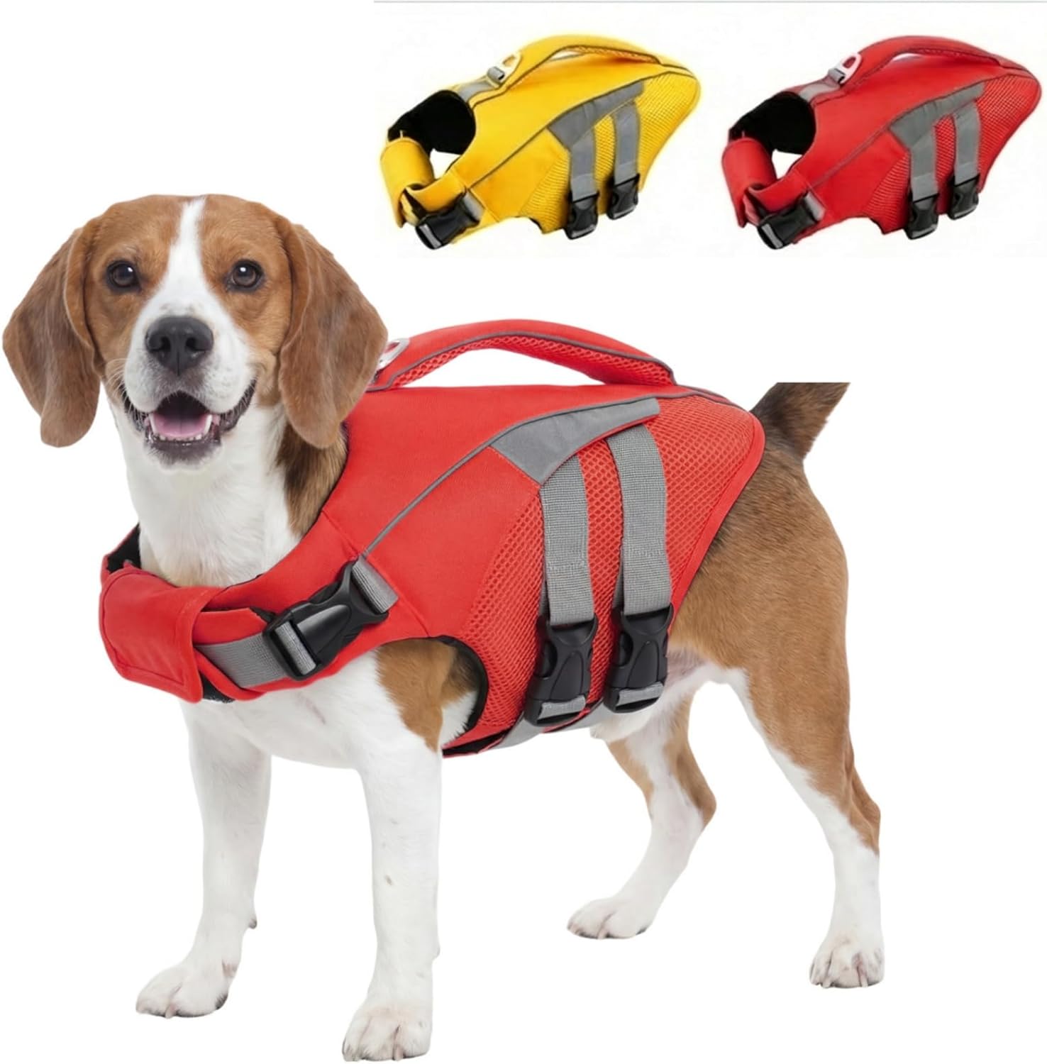 IECOii Dog Life Jackets High Flotation, Reflective & Adjustable Safety Swim Vest with Rescue Handle Reflective Lifesavers, Dog Life Preserver for Boat Pool and Beach Safety, Red, Size M