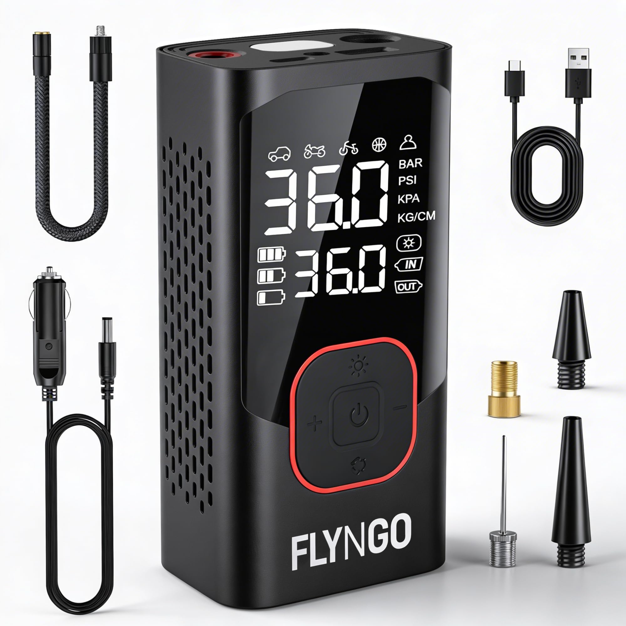FLYNGO 2-in-1 Tyre Inflator for Car and Bike, 150 PSI Wireless & Wired (4000mAh or 12V DC) Portable Air Compressor Pump with Type C Port, Digital Display, Power Bank, LED Flash Light (FL-CTIP-1)-image-32