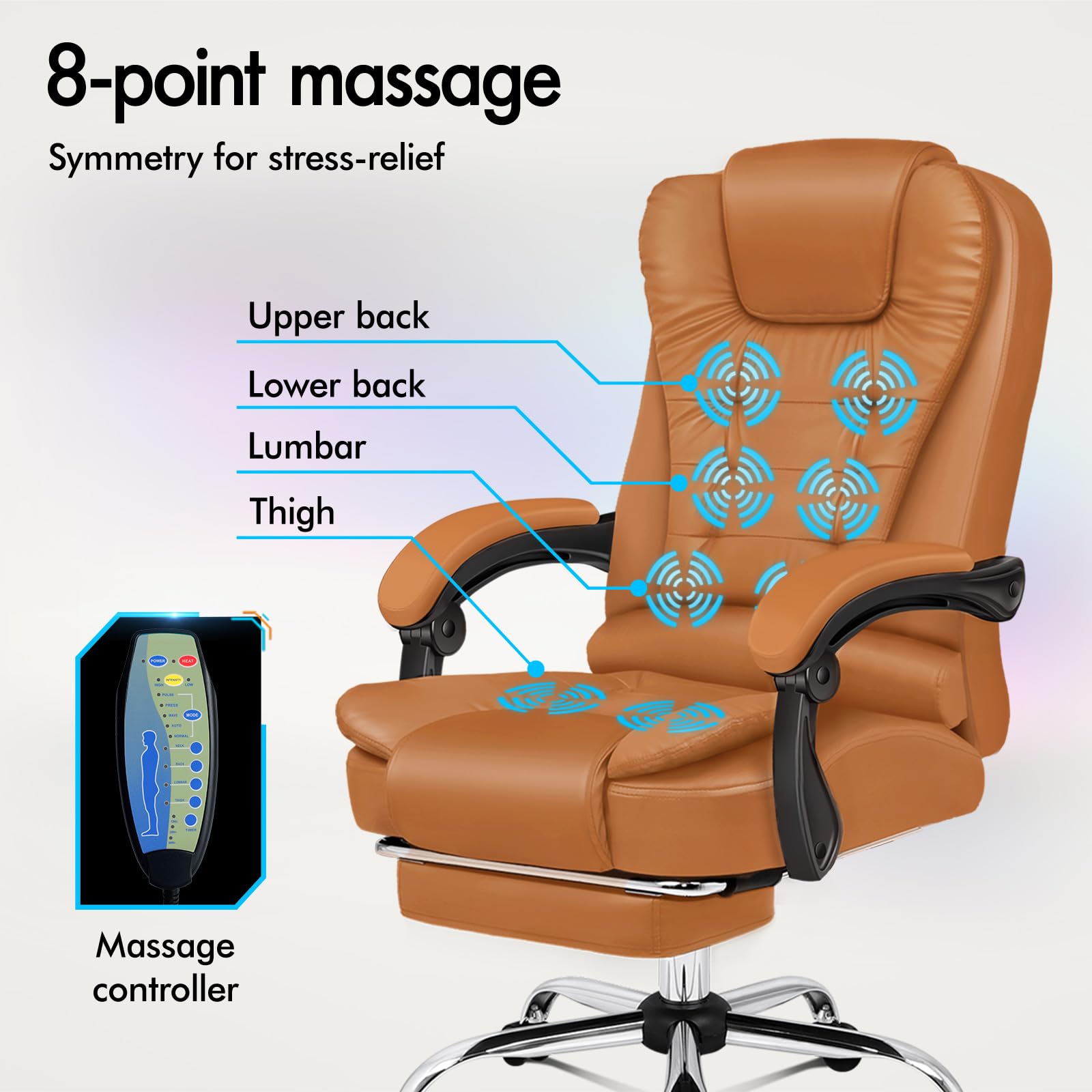 ALFORDSON Ergonomiczne krzesło biurowe, z funkcją masażu cieplnego, ze skóry PU, krzesło komputerowe z wyściełanymi podłokietnikami i miękkim zagłówkiem, krzesło obrotowe z kółkami, brązowe