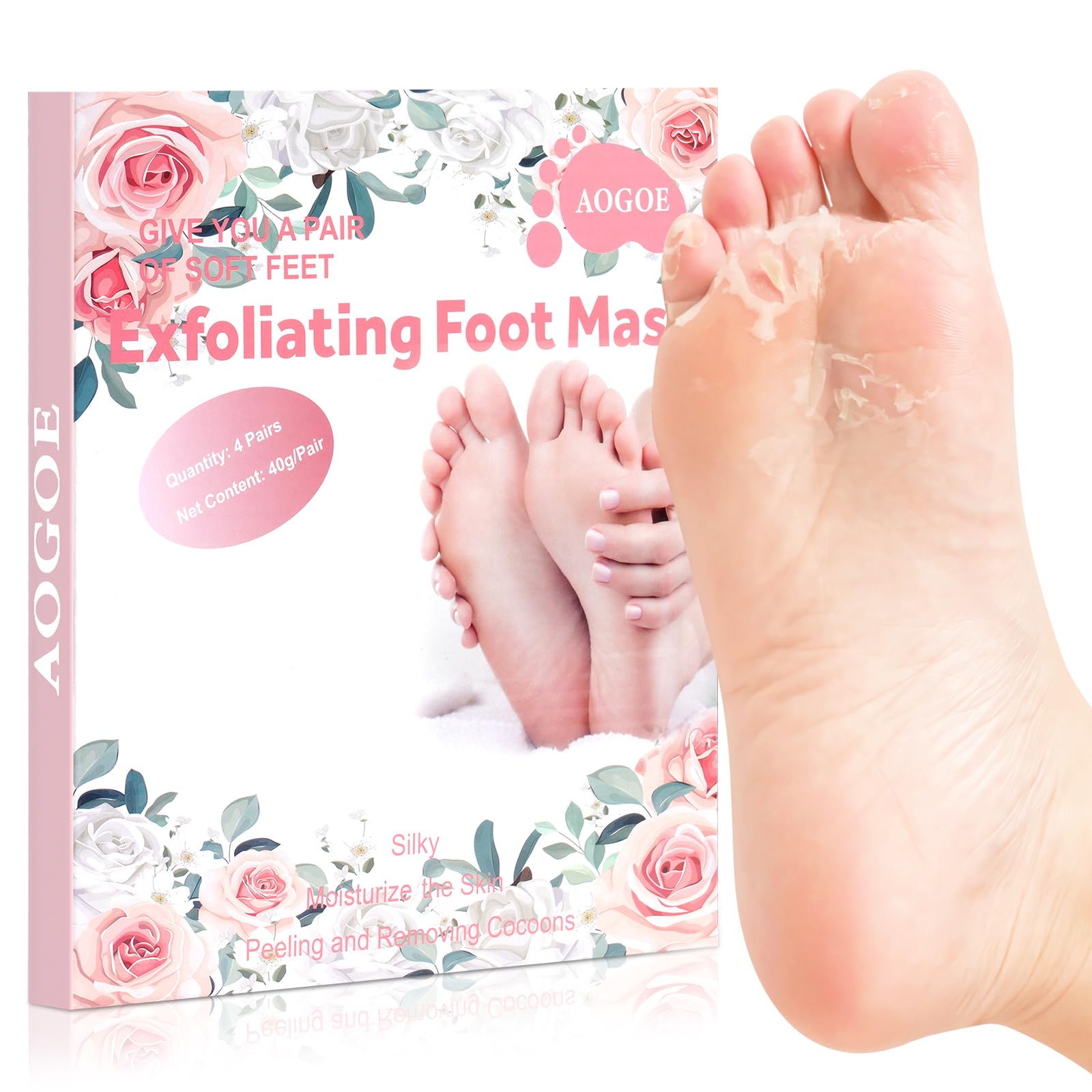 Masque Pieds Peeling Exfoliant, 4 Paires Masque Pieds Hydratant Exfoliant Saveur Rose, Masque Peeling pour les Pieds, Chaussette Exfoliante, pour Nourrissant Callosités, Crevasses et Pieds Secs