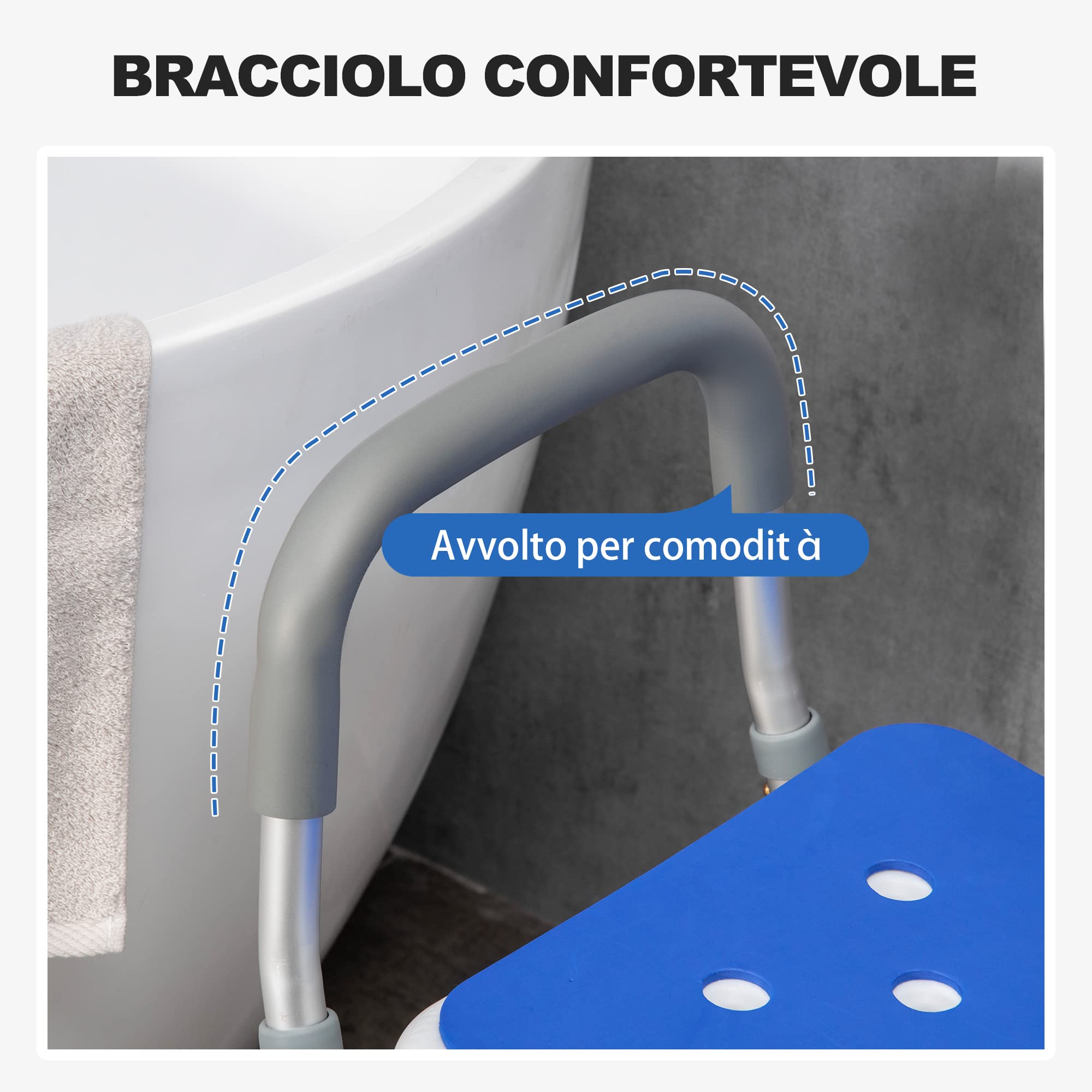 HOMCOM Sedia per Doccia per Anziani con Imbottitura e Altezza Regolabile, Sedile Doccia con Braccioli e Piedini a Ventosa