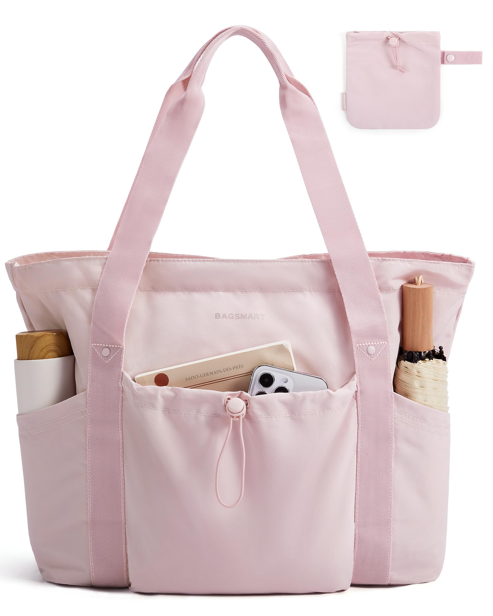 BAGSMART Foldable Tote Bag with Drawstring Bag Large Tote Bag Shoulder Bag Top Handle Handbag for Travel Work
