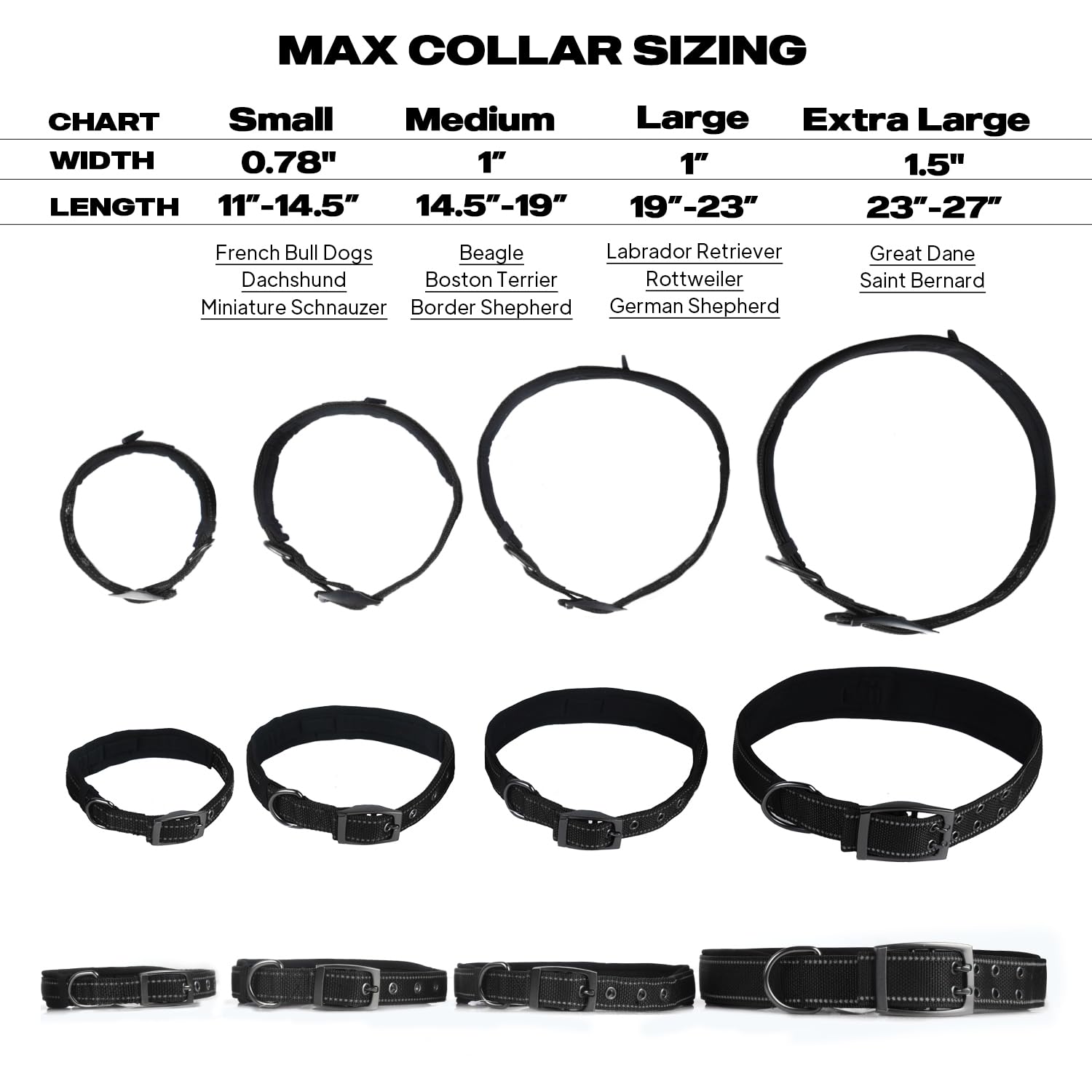 PetiFine Collar de perro resistente para perros medianos, collares de perro con hebilla Nikel reflectante, tamaño conveniente para todas las razas (14.5 a 19 pulgadas, negro)