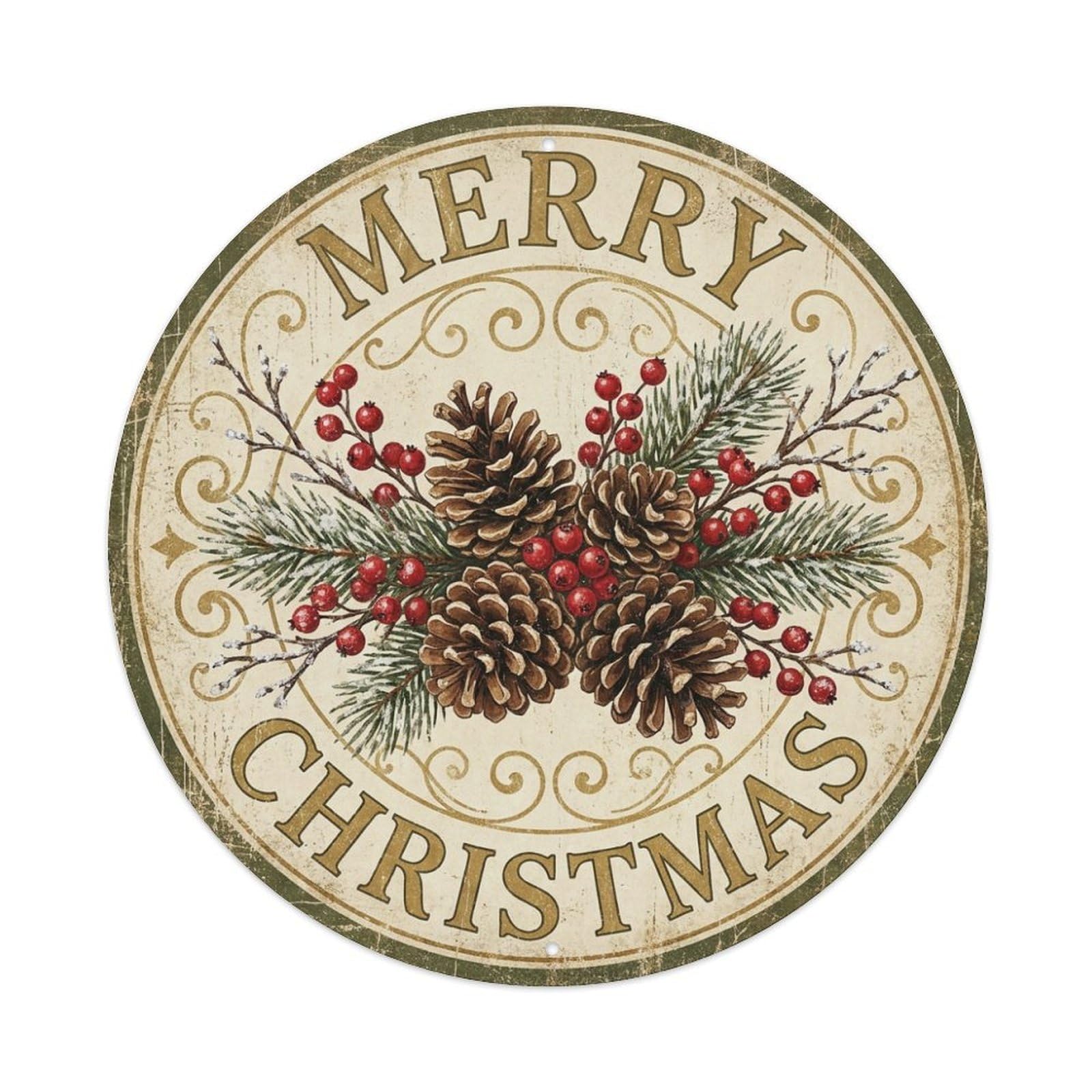 Merry Christmas Pinecone Berry Twig Metal Tin Sign