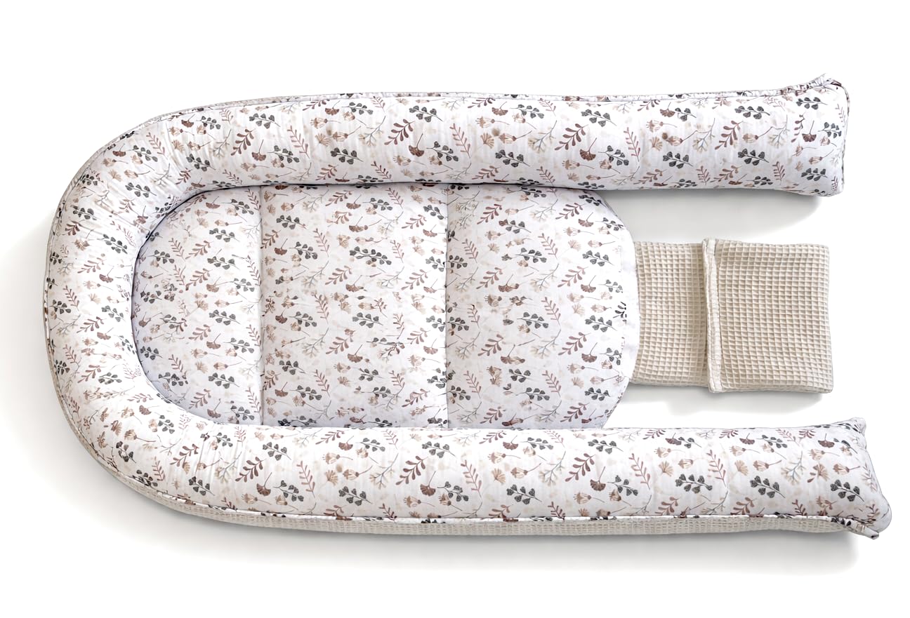 Babynestchen Neugeborene – Nestchen Baby aus Waffel Baumwolle & Baumwollstoff – Babynest für Babybett & Kinderbett – Baby Kokon Tragbar – OEKO-TEX zertifiziert – Zubehör für Babybett - Zweige und Sand