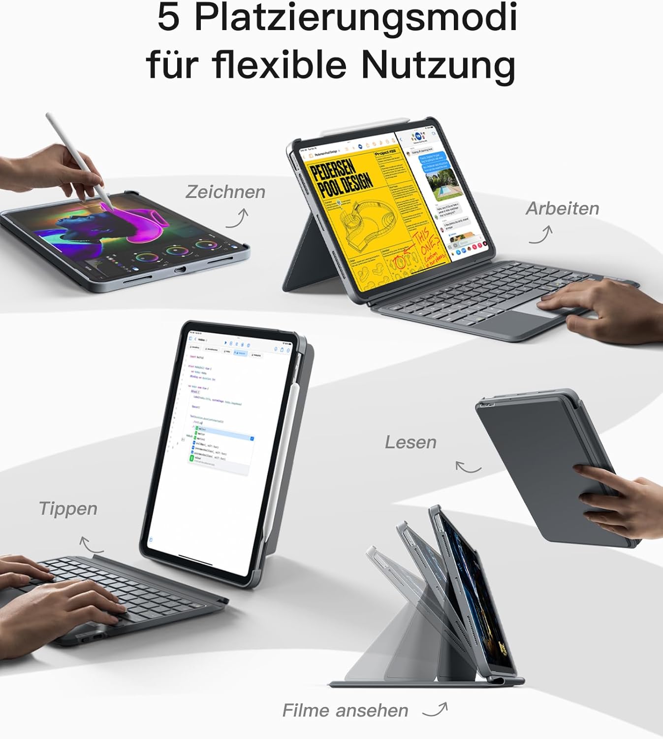Inateck Keyboard Case for iPad Air 11 Inch M3/M2 (2025/2024), Air 5/4 10.9 inch, iPad Pro 11 Inch 4/3/2/1, QWERTZ, Portrait / Landscape Stand, Removable Touchpad with 7-Colour Lighting, KB04111