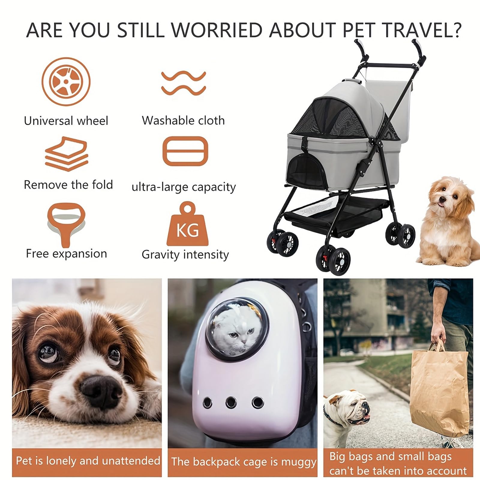 Hundewagen 3-in-1, Klappbar, Für Hunde & Katzen bis 20kg | Abnehmbare Tragetasche, Inkl. Einkaufskorb & Hängetasche, Mesh-Fenster mit Fütterungsöffnung, Kompakt faltbar