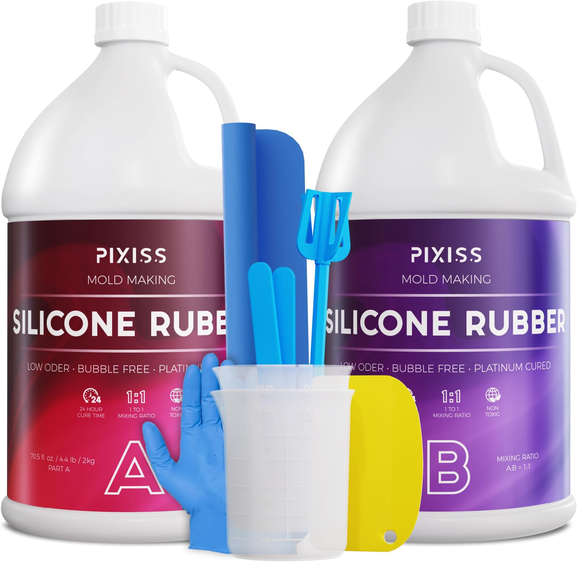 Pixiss Silicone Mold Making Kit Liquid Silicone Rubber Bubble Free Translucent Clear Mold Making Silicone-Mixing Ratio 1:1-Molding Silicone for Resin Molds, Silicone Molds DIY (4kg/Gallon Kit)