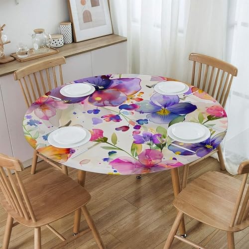 Vista 110 de Pardick Mantel redondo ajustable con diseño de flores de arte en acuarela con mantel elástico, mantel elástico redondo, impermeable, lavable, se