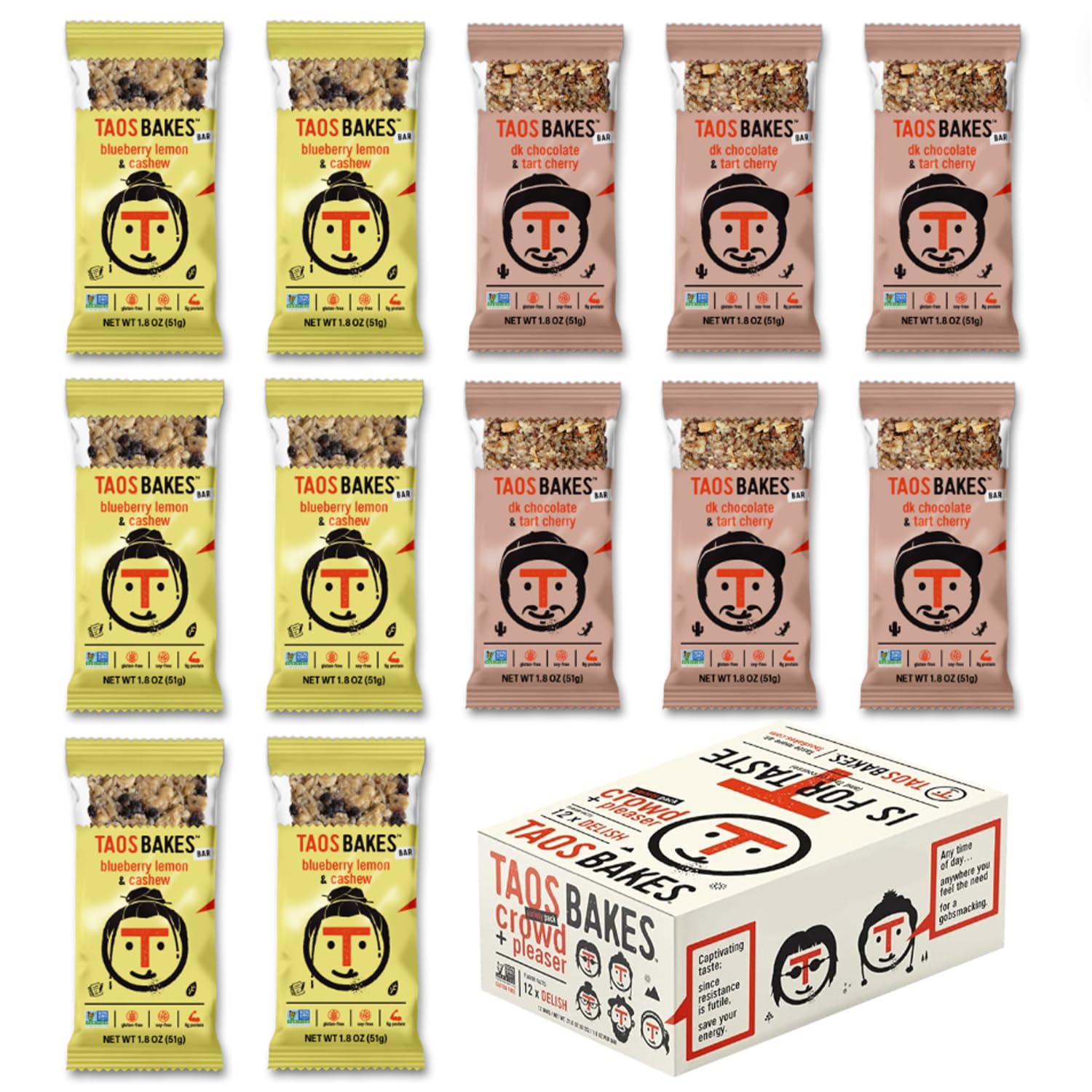 Taos Bakes - Blueberry Lemon + Cashew Coconut & Dark Chocolate + Tart Cherry Flavors - Breakfast Bars - Gluten Free Granola Bars - Healthy Snacks for Adults & Kids - (1.8oz Bars, 6 of Each Flavor)