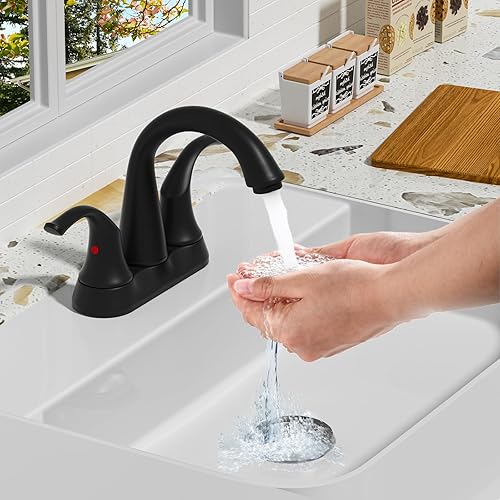 Miniatura 2 de Grifo de lavabo de baño de 2 manijas de 3 agujeros, grifo de baño negro mate, grifo de baño central de arco alto con ensamblaje de drenaje y