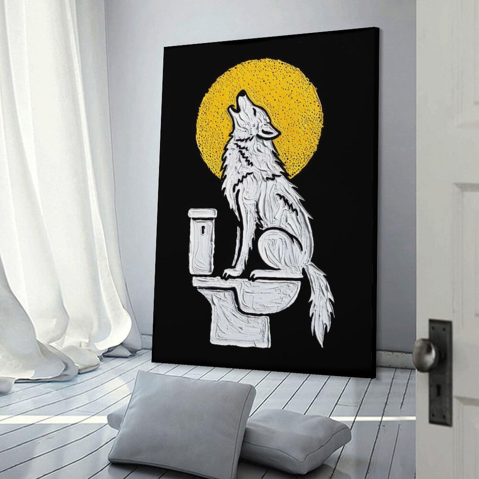 Junmoney Frame-Style-15 Wolf Howling On Toilet Seat Art Room Decor Wall Art, 16X24inch(40X60cm), For Living Room, Bedroom, Office Or Hallway, Decorative Artwork With Broad Appeal