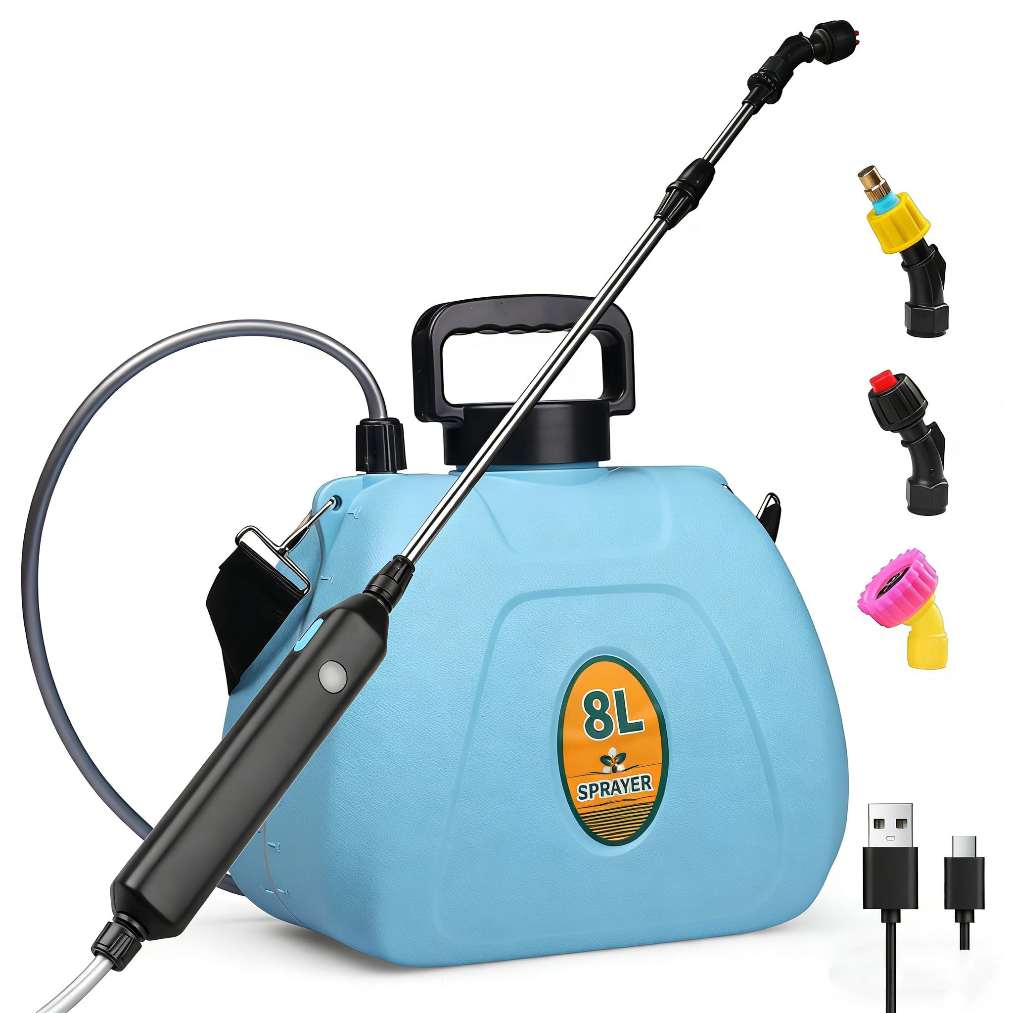 Nebulizzatore Giardino a Batteria 8L, Spruzzatore Elettrico a Pressione con Lancia Telescopica e 3 Ugelli, 1500mAh Ricaricabile per Diserbo, Irrigazione, Disinfezione, Pulizia Tetto e Auto