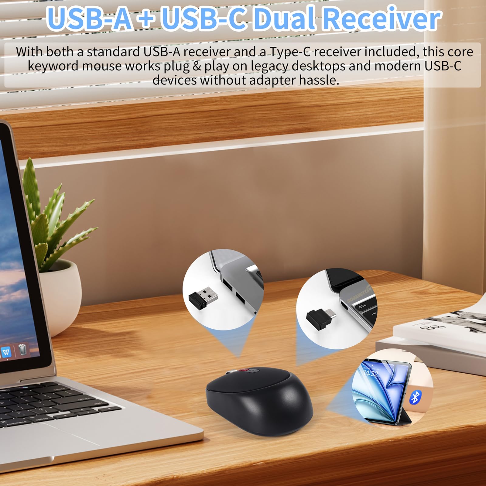 Dual Mode Wireless Bluetooth Maus - USB-C & USB-A Empfänger, wiederaufladbar Silent Click für Laptop, Tablet, PC - Perfekt für Studenten & Profis, reisefreundlich (Schwarz)