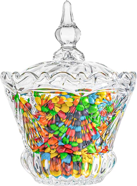 ComSaf Glass Candy Sweet Jar with Lid, Crystal Bon Bon Jar Covered Sugar Bowl Small Decorative Cookie Dish Buffet Storage Container Clear for Party Wedding Christmas Gift (Diameter: 15.5CM)