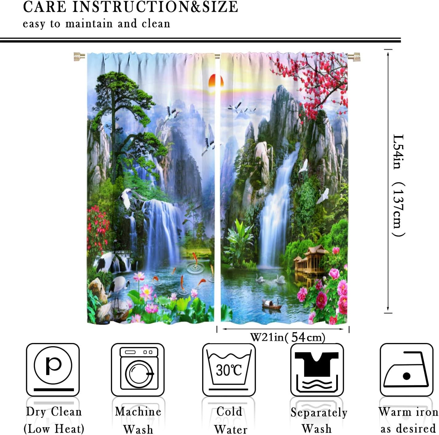 Waterfall Deocr Curtain, Surrounded Waterfall Rocky Lotus Fish Swan Landscapes Home Decor Windows Rod Pocket Curtain for Living Room Bedroom Kitchen Cafe Office Drapes 42" Wx54 L